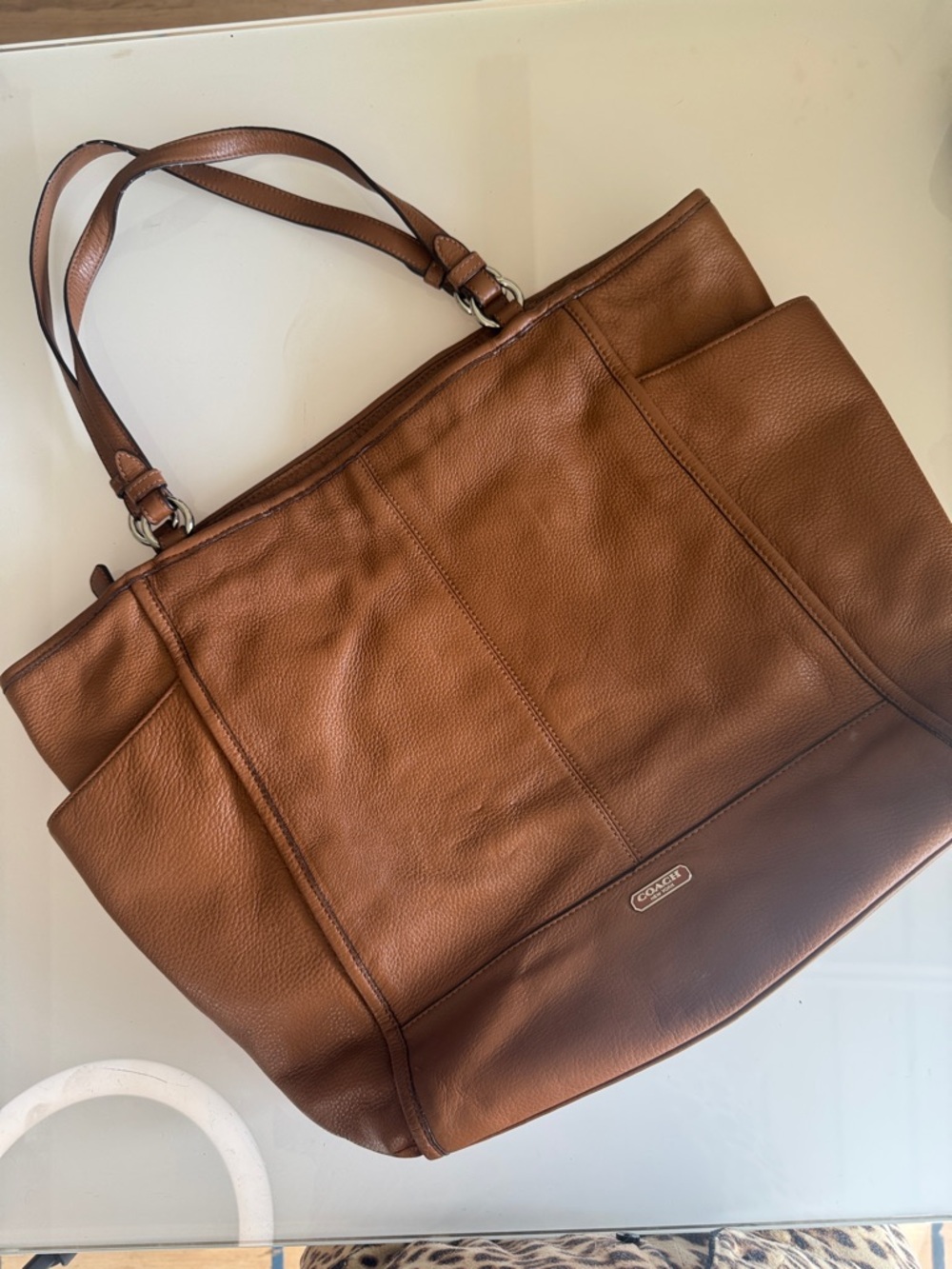 Coach Park Pebbled Leather Carryall Tote | Cognac Brown | Side Pockets Work Bag